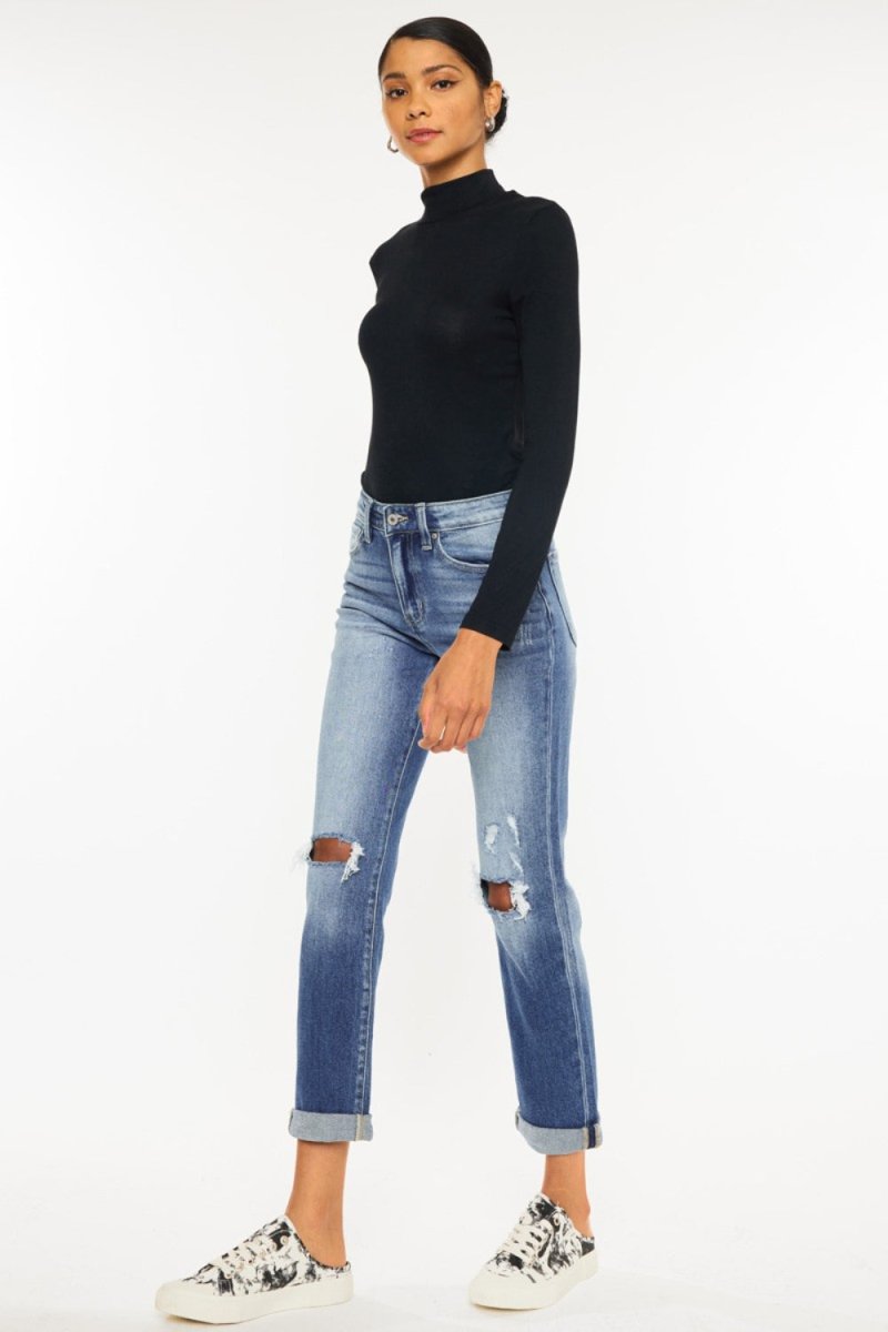 Kancan High Waist Distressed Hem Detail Cropped Straight Jeans - Bottoms Sale